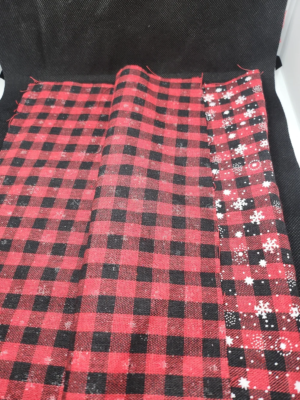 Red and Black Buffalo Plaid Fabric Panel with White Snowflake Print 10x15